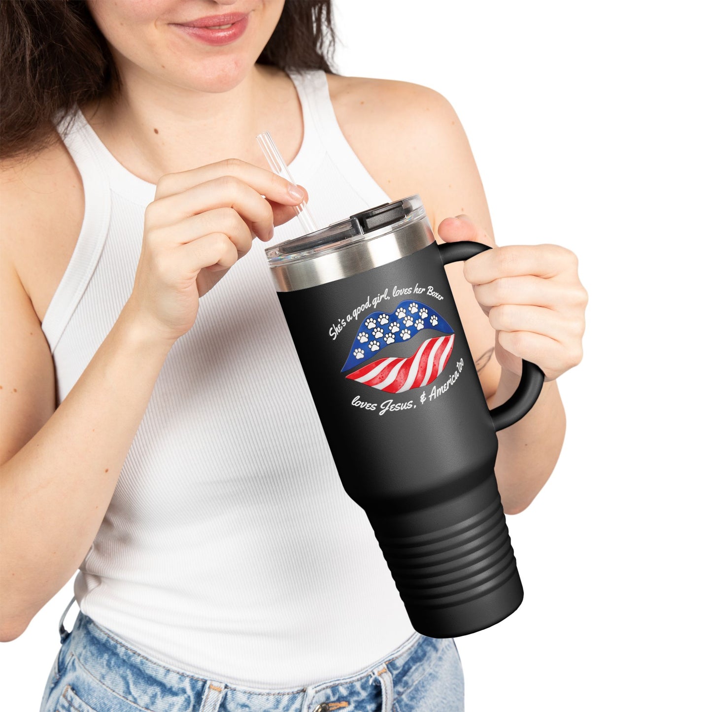 She's A Good Girl, Loves Her Boxer Loves Jesus And American Too- Boxer Dog Insulated Travel Tumbler, 40oz