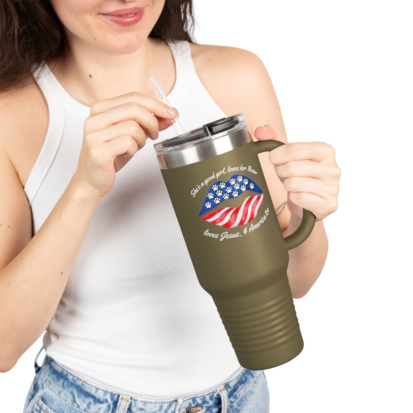 She's A Good Girl, Loves Her Boxer Loves Jesus And American Too- Boxer Dog Insulated Travel Tumbler, 40oz