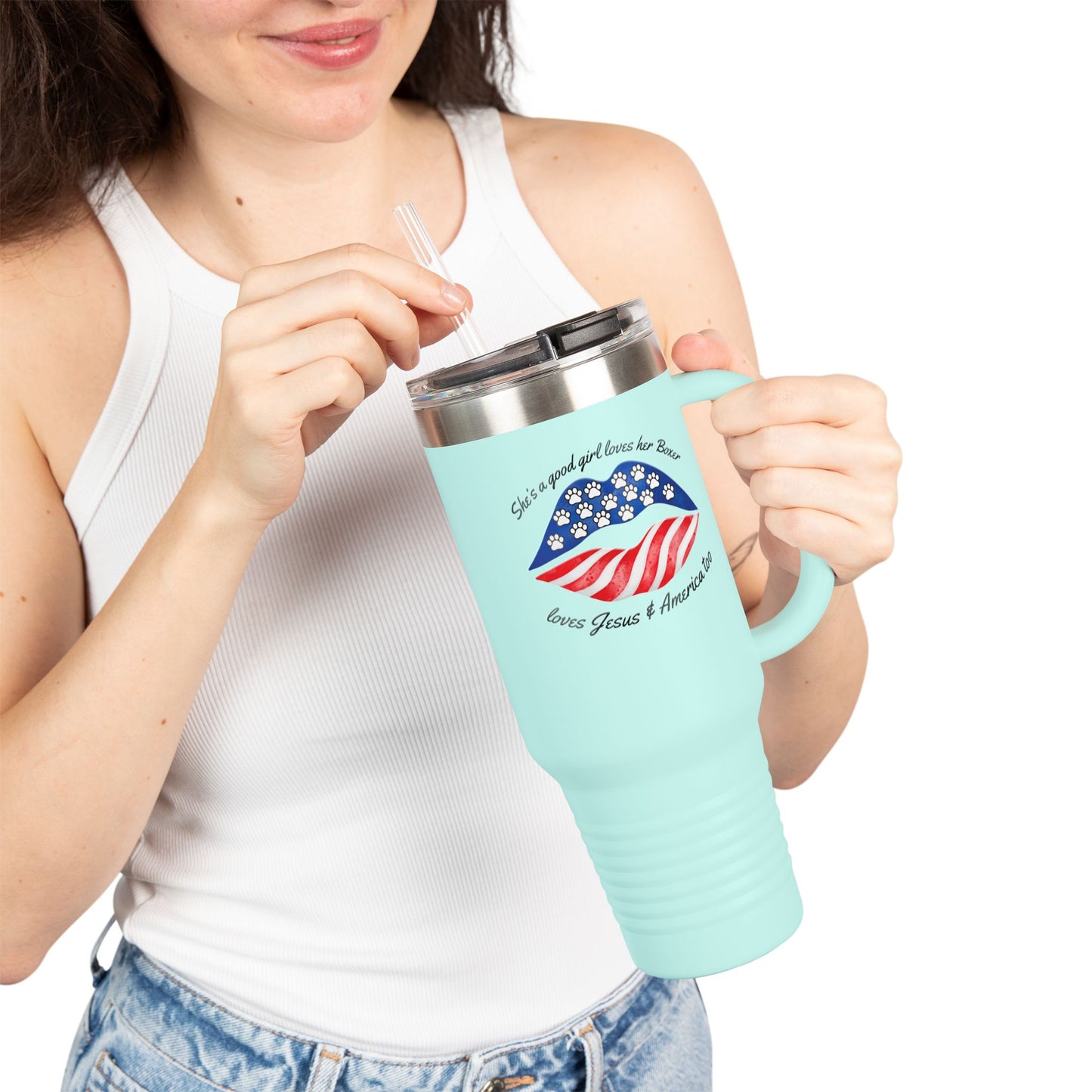 She's A Good Girl, Loves Her Boxer Loves Jesus And American Too- Boxer Dog Insulated Travel Tumbler, 40oz