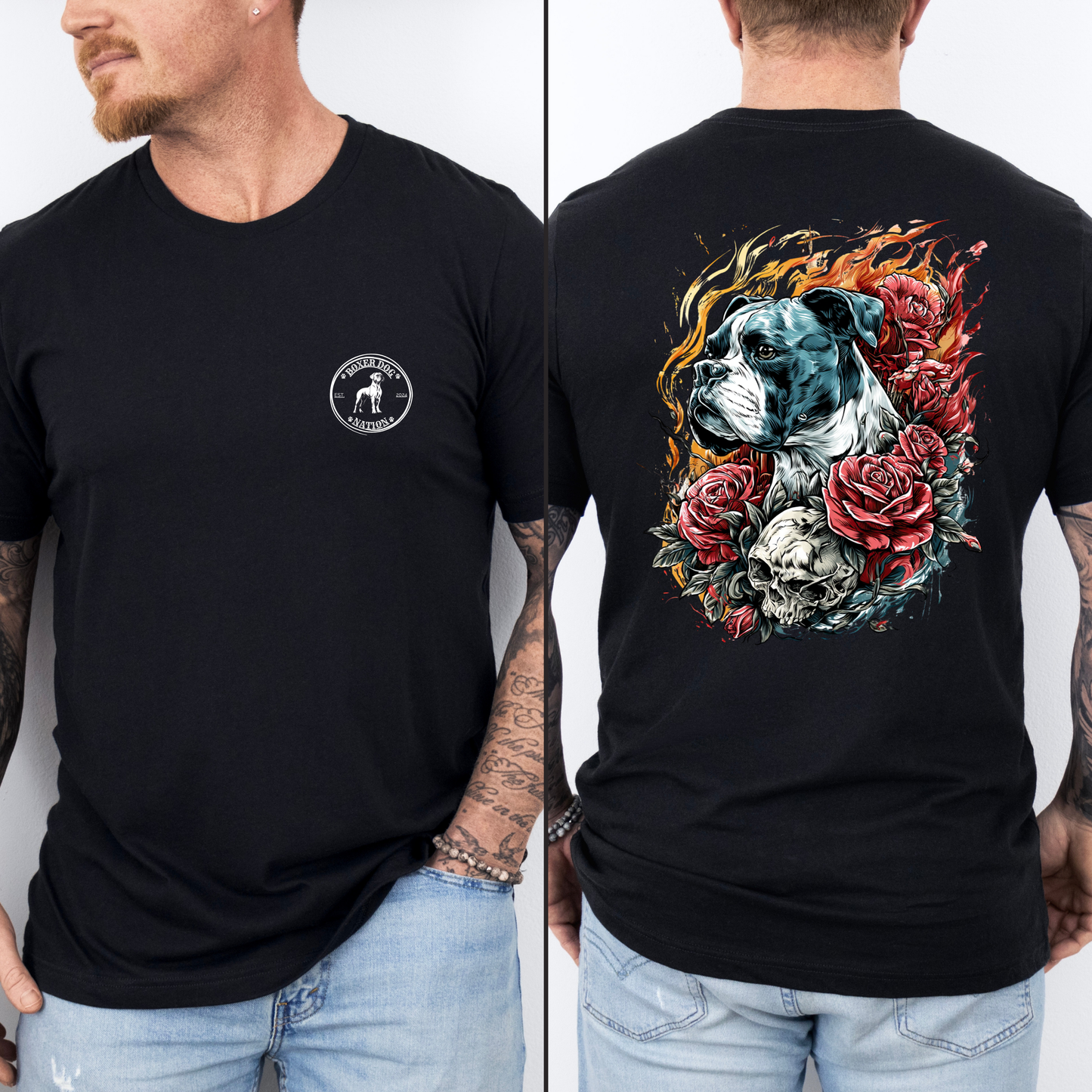 Flame Kissed β Skull & Roses β Boxer and Fire Dragon- Boxer Dog Classic T-Shirt