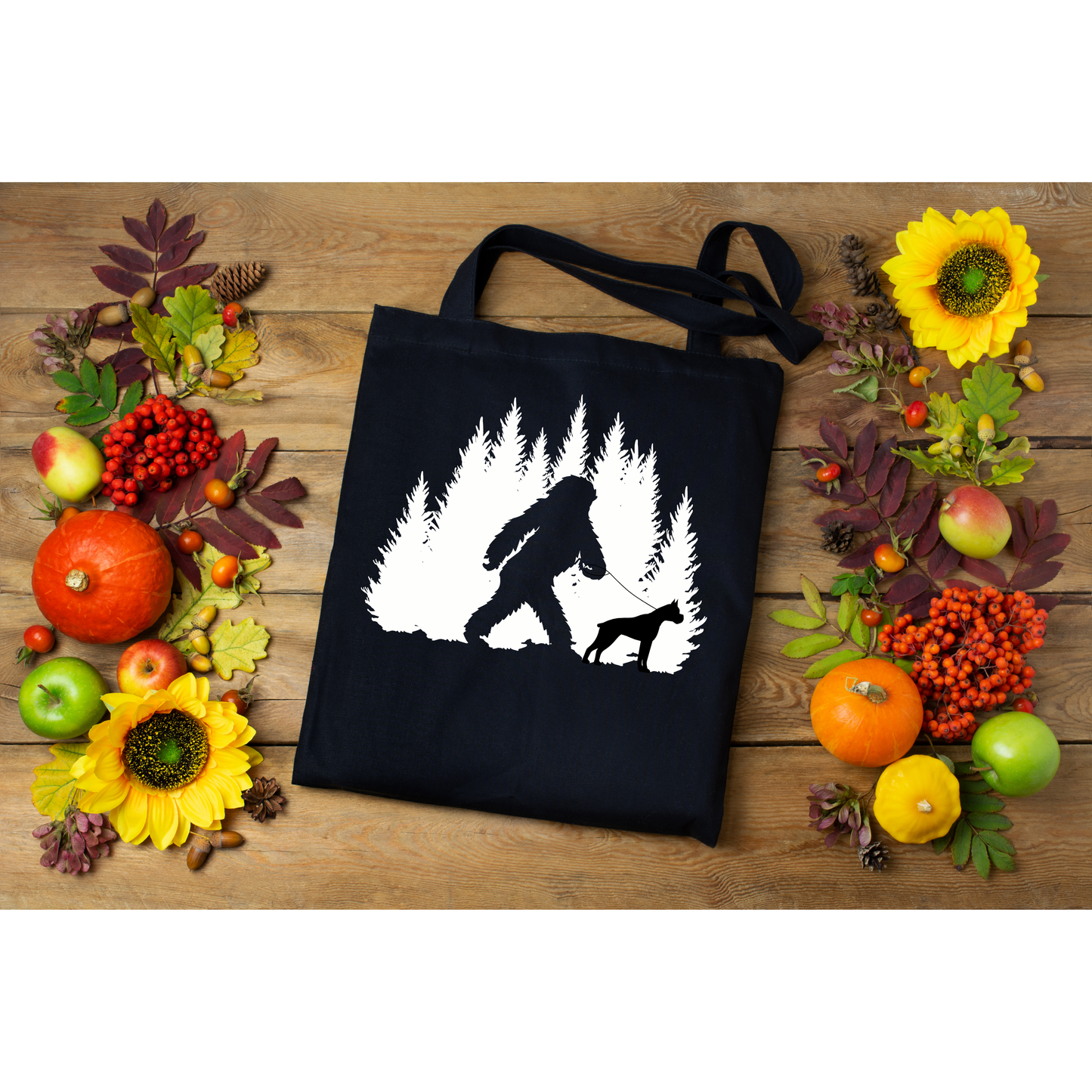 Bigfoot Walking a Boxer Tote Bag β Funny Dog Lover Gift, Sasquatch Forest Silhouette, Boxer Dog Nation Exclusive