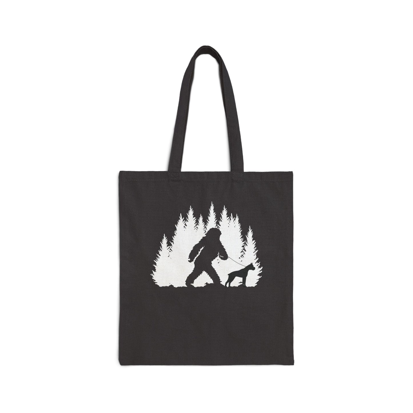 Bigfoot Walking a Boxer Tote Bag β Funny Dog Lover Gift, Sasquatch Forest Silhouette, Boxer Dog Nation Exclusive
