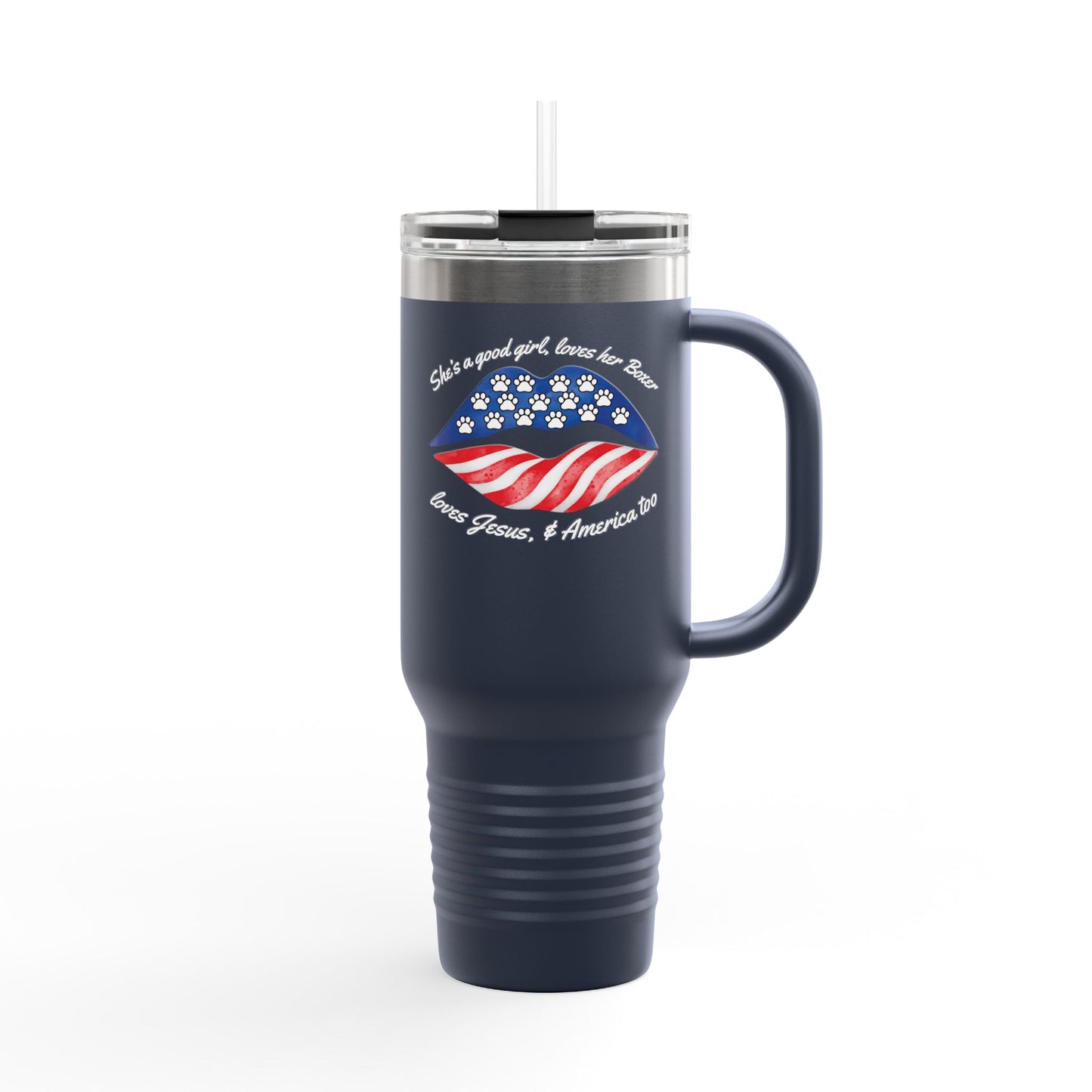 She's A Good Girl, Loves Her Boxer Loves Jesus And American Too- Boxer Dog Insulated Travel Tumbler, 40oz