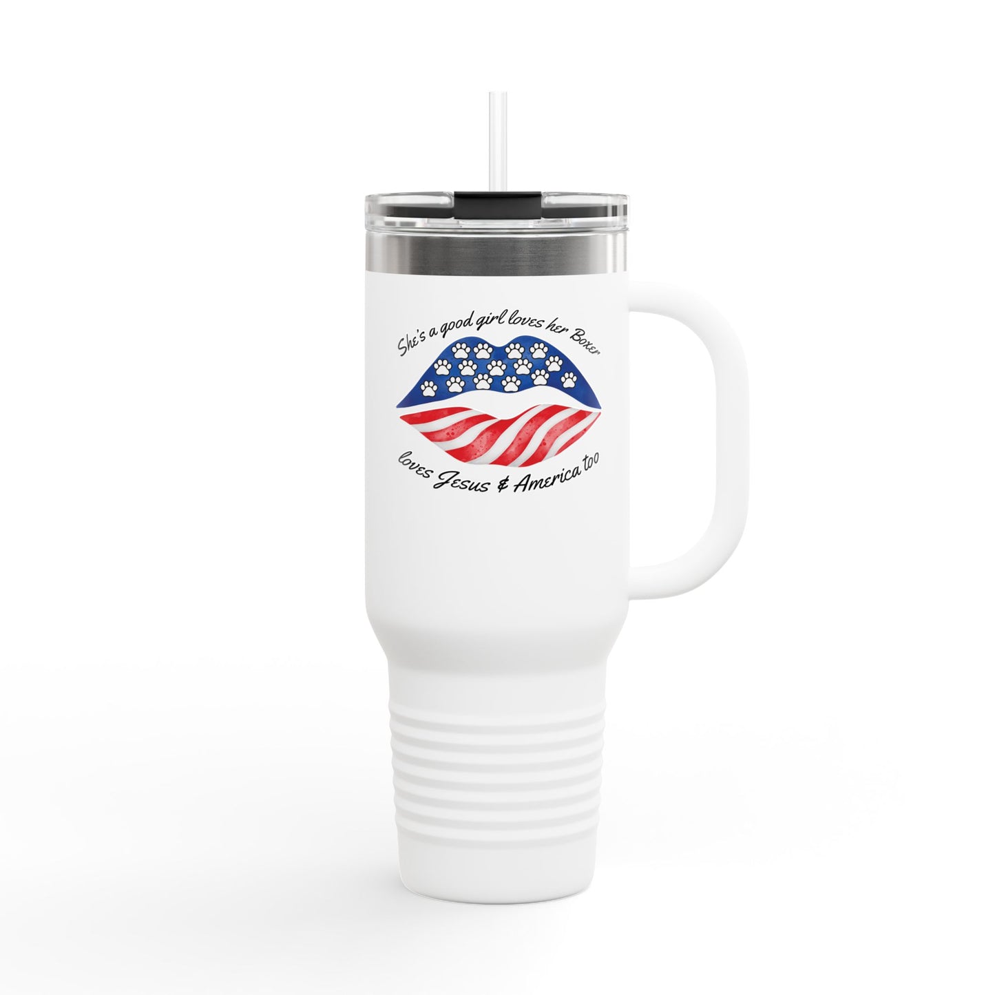 She's A Good Girl, Loves Her Boxer Loves Jesus And American Too- Boxer Dog Insulated Travel Tumbler, 40oz