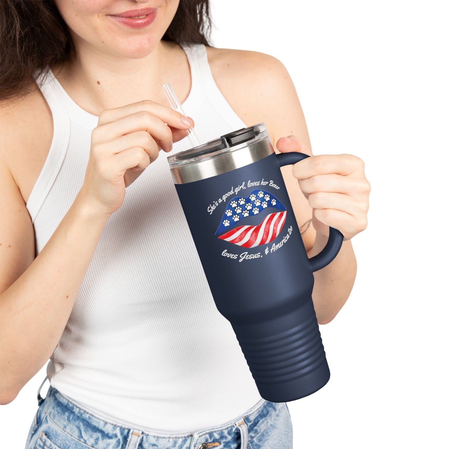 She's A Good Girl, Loves Her Boxer Loves Jesus And American Too- Boxer Dog Insulated Travel Tumbler, 40oz
