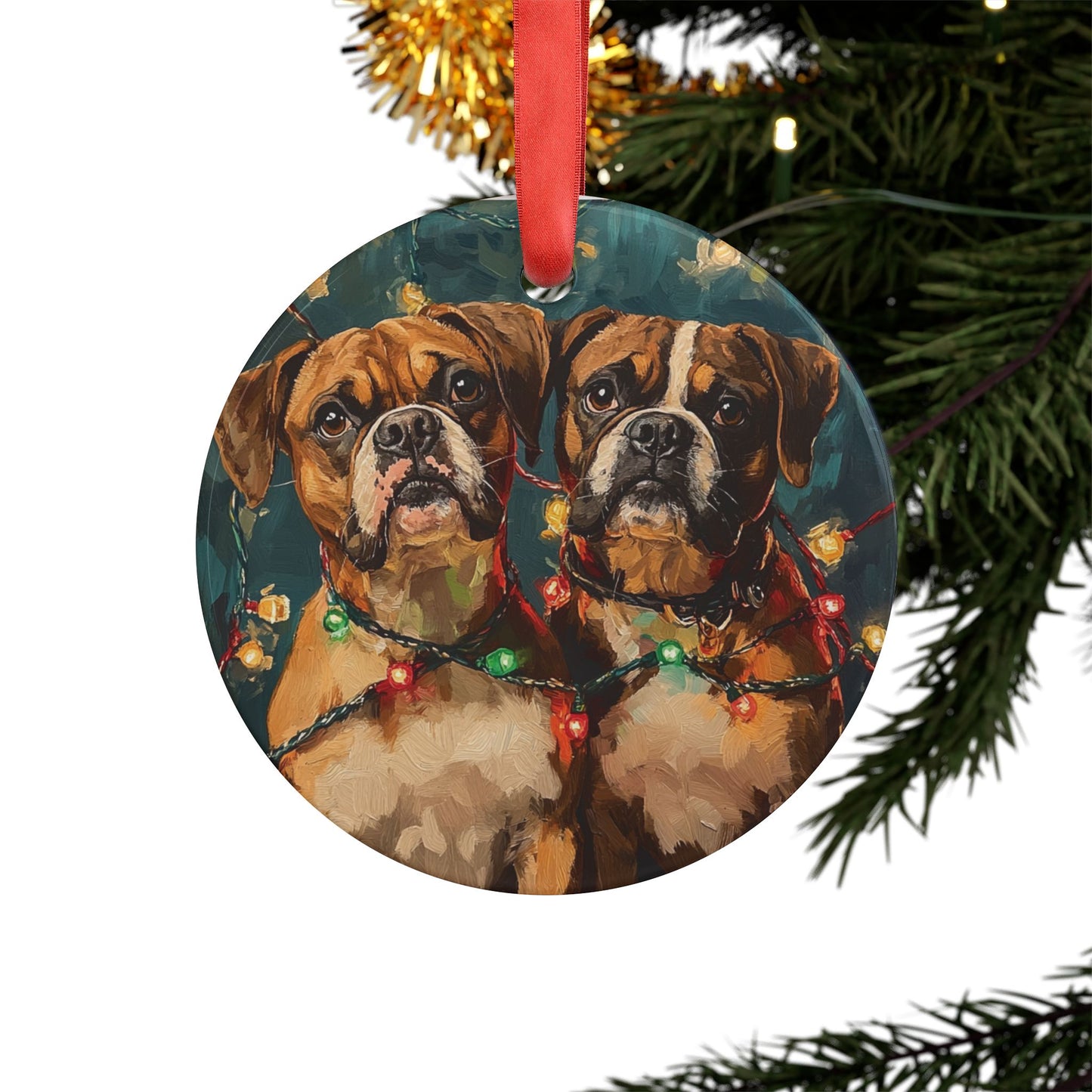 Two Boxers Tangles In Lights- Two Ornaments In One Ribbon