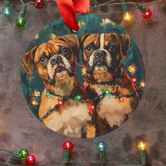 Two Boxers Tangles In Lights- Two Ornaments In One Ribbon