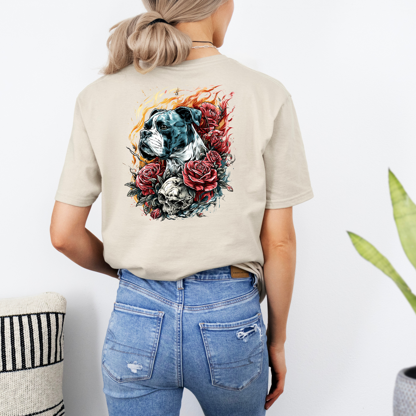 Flame Kissed – Skull & Roses – Boxer and Fire Dragon- Boxer Dog Classic T-Shirt