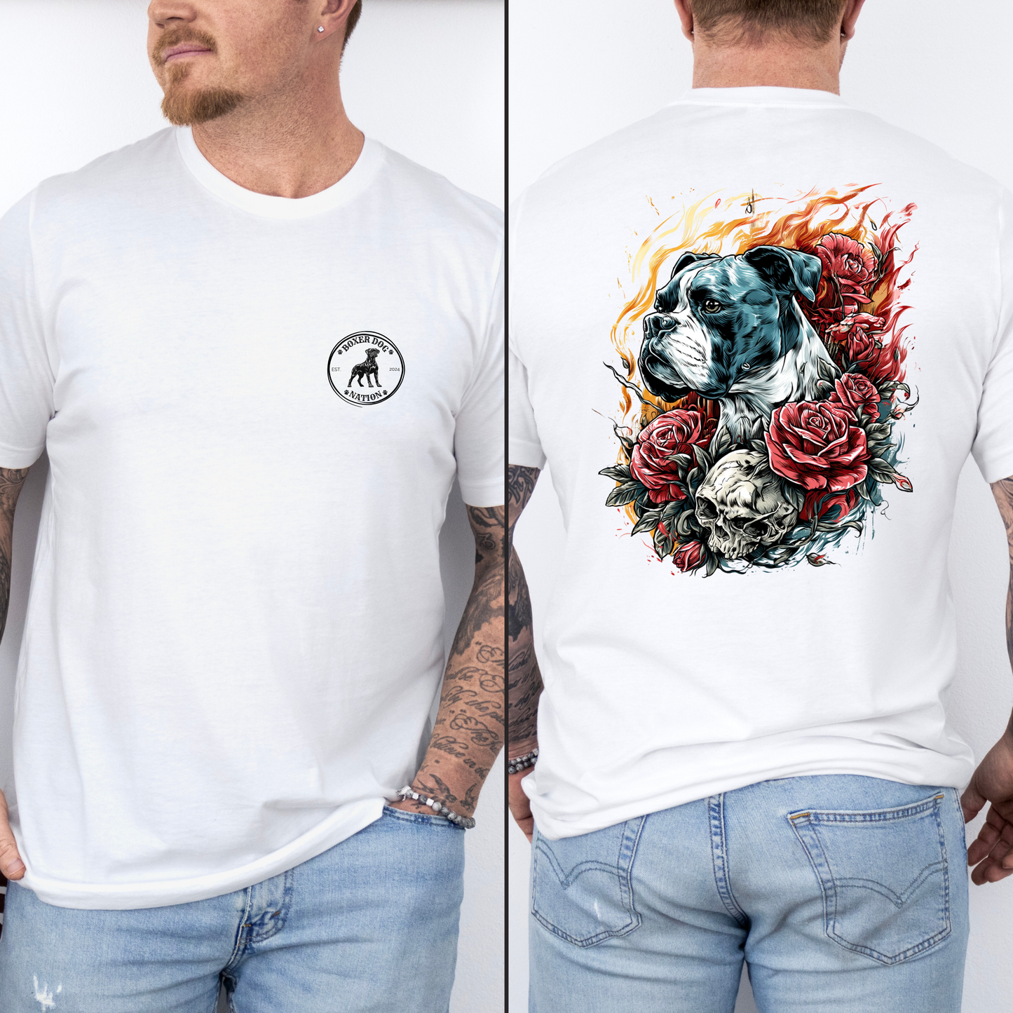 Flame Kissed – Skull & Roses – Boxer and Fire Dragon- Boxer Dog Classic T-Shirt