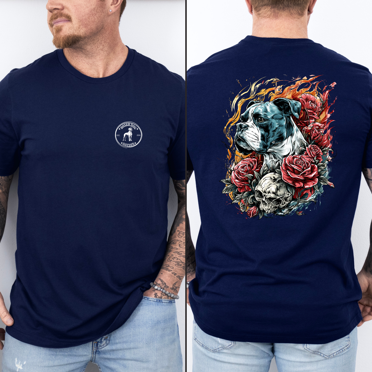 Flame Kissed – Skull & Roses – Boxer and Fire Dragon- Boxer Dog Classic T-Shirt