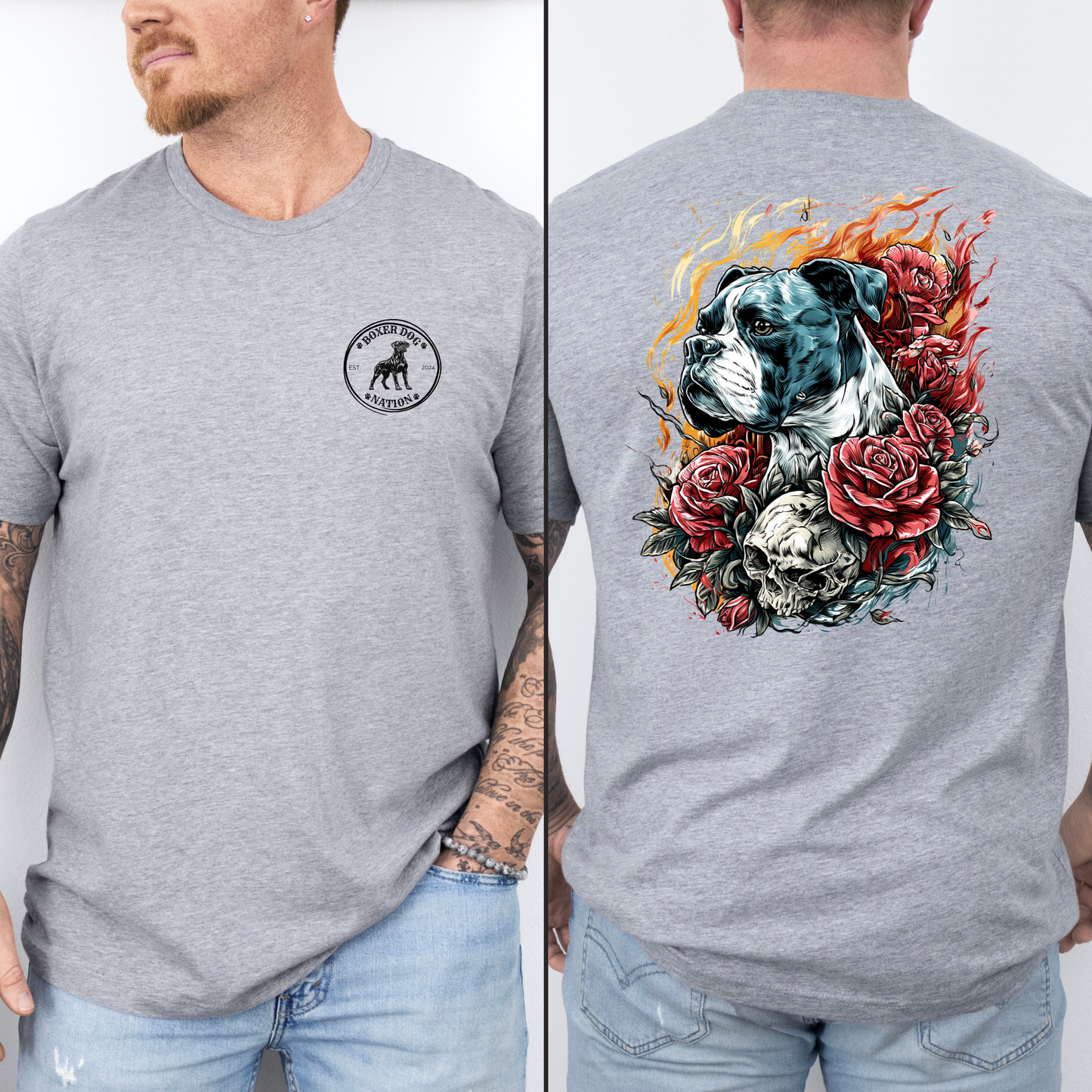 Flame Kissed – Skull & Roses – Boxer and Fire Dragon- Boxer Dog Classic T-Shirt