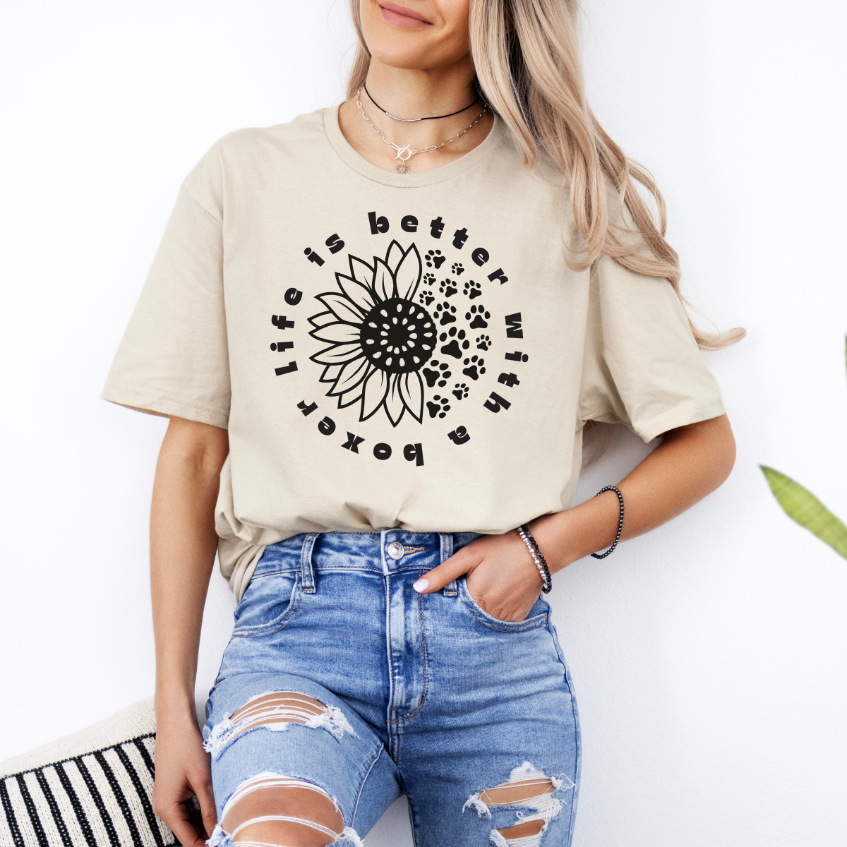 Life Is Better With A Boxer (flowers&paws) - Boxer Dog Classic T-Shirt
