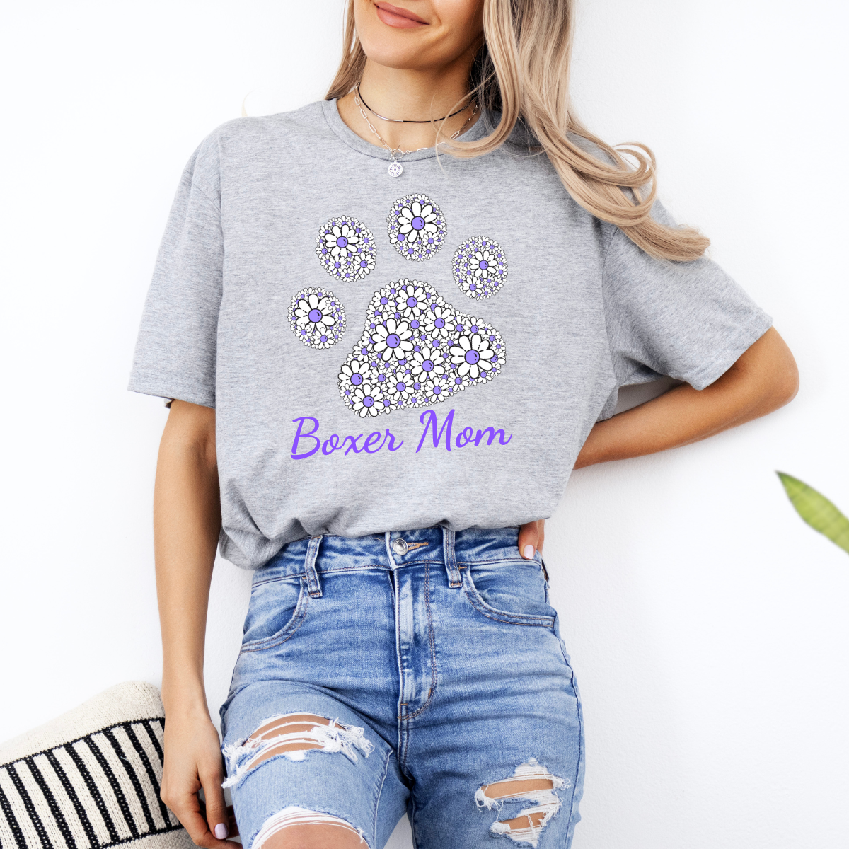 Boxer Mom Flower Filled Paw_Purple - Boxer Dog Classic T-Shirt