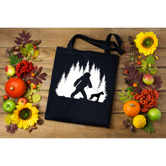 Bigfoot Walking a Boxer Tote Bag – Funny Dog Lover Gift, Sasquatch Forest Silhouette, Boxer Dog Nation Exclusive