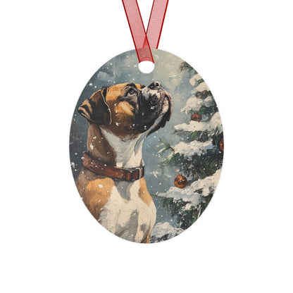 Boxer Dog Gazing up at a Decorated Tree in a Snowy Winter Wonderland- Metal Ornaments