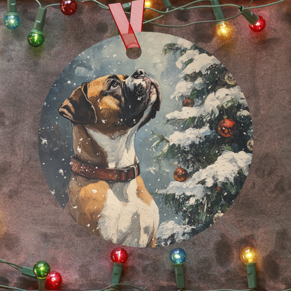 Boxer Dog Gazing up at a Decorated Tree in a Snowy Winter Wonderland- Metal Ornaments