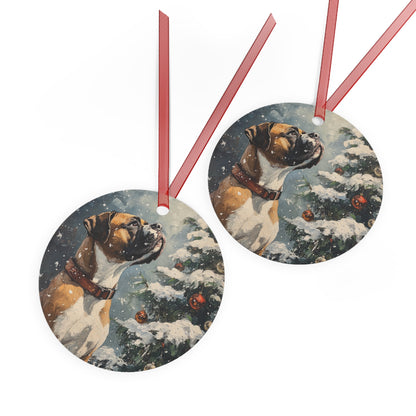 Boxer Dog Gazing up at a Decorated Tree in a Snowy Winter Wonderland- Metal Ornaments