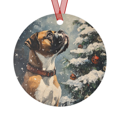 Boxer Dog Gazing up at a Decorated Tree in a Snowy Winter Wonderland- Metal Ornaments