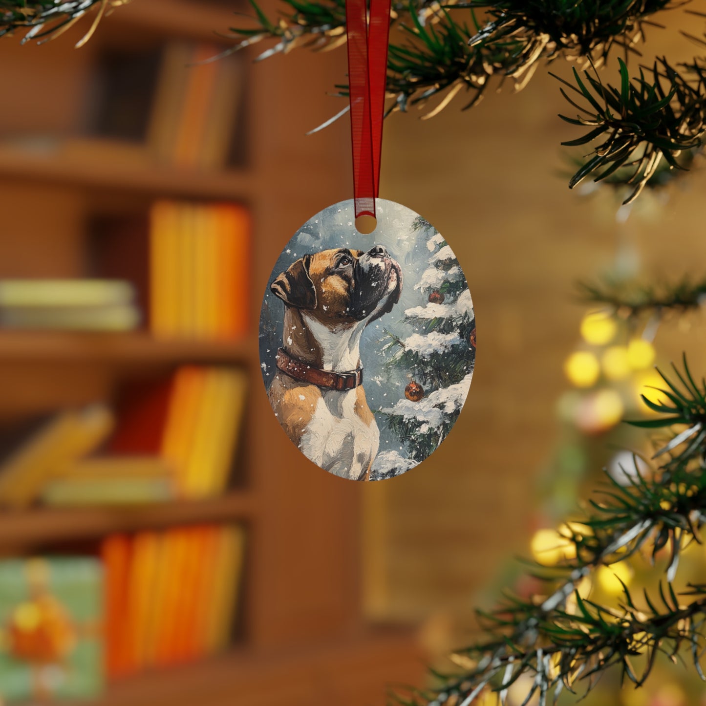 Boxer Dog Gazing up at a Decorated Tree in a Snowy Winter Wonderland- Metal Ornaments