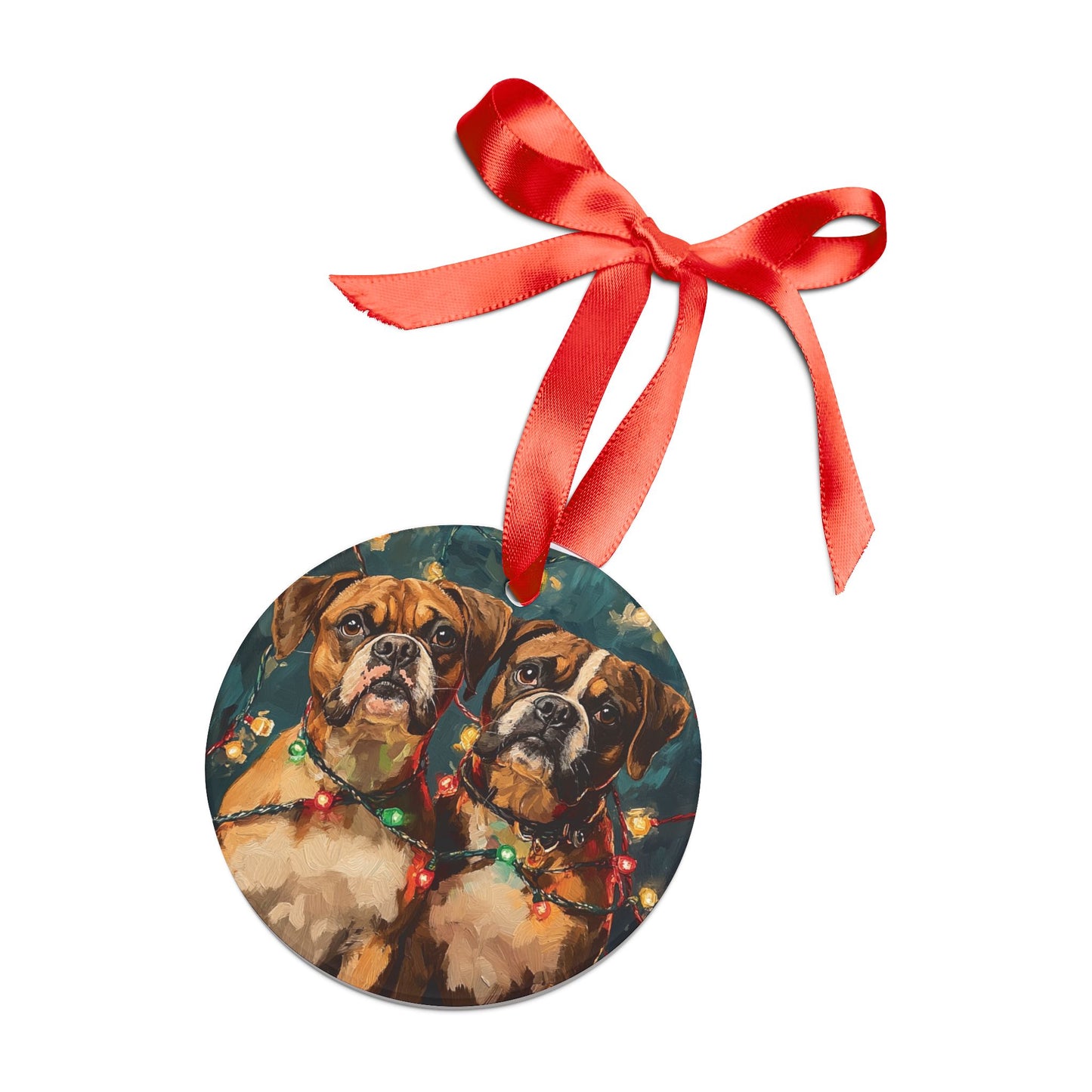 Two Boxers Tangles In Lights- Two Ornaments In One Ribbon