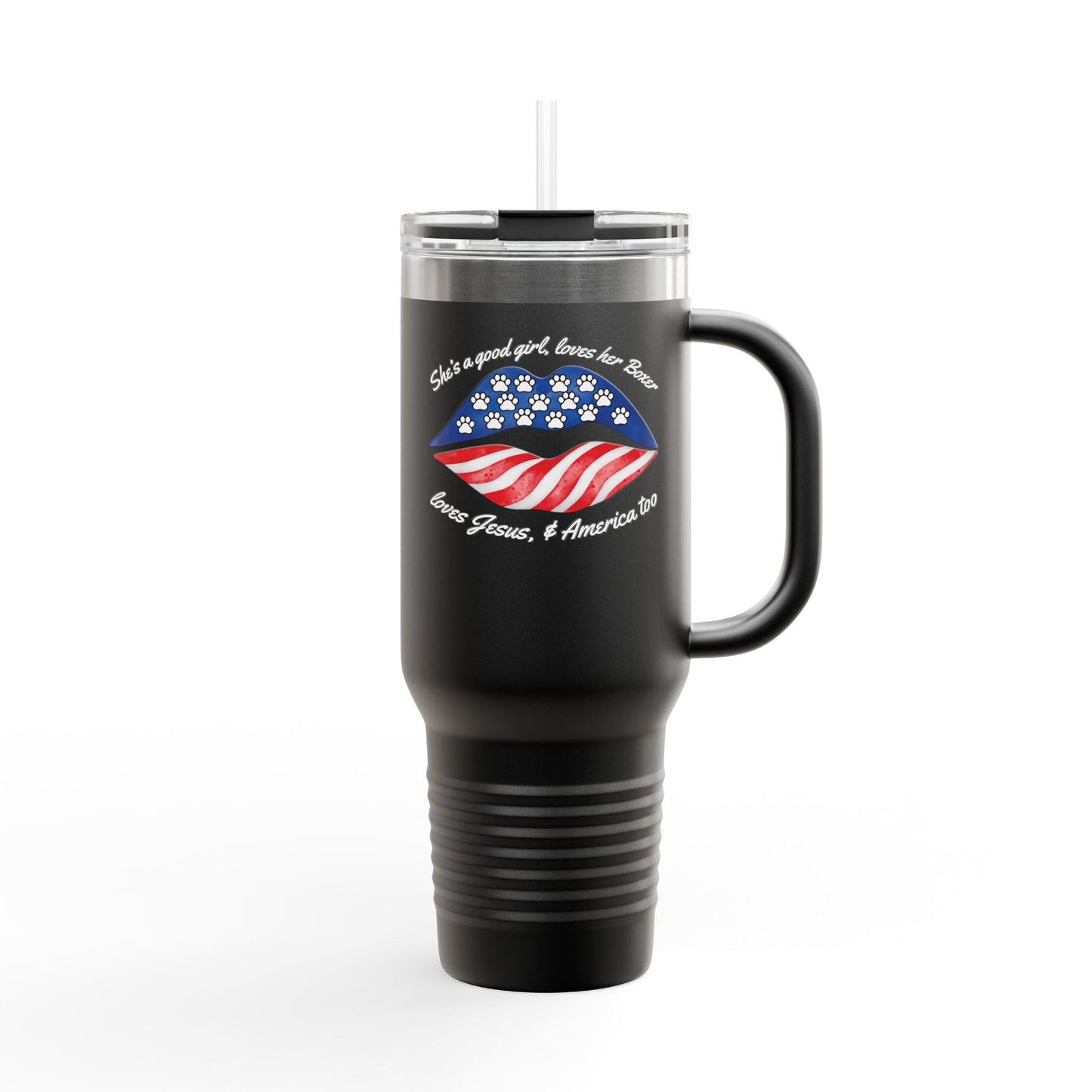 She's A Good Girl, Loves Her Boxer Loves Jesus And American Too- Boxer Dog Insulated Travel Tumbler, 40oz